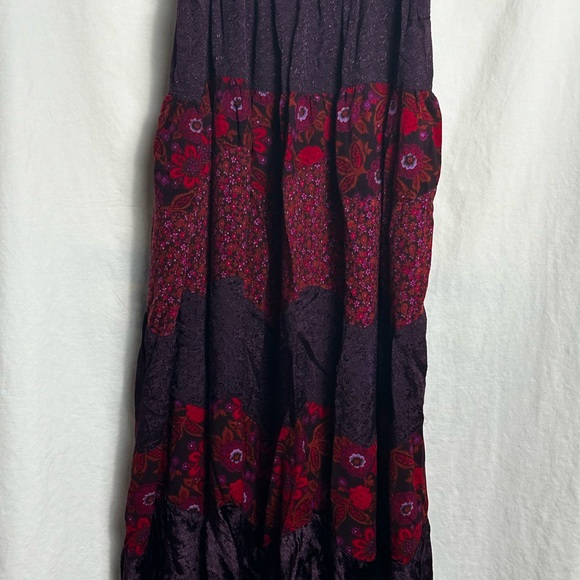 Sold! Deep purple and red/burgundy, multi floral maxi skirt with elastic waist - Picture 2 of 6
